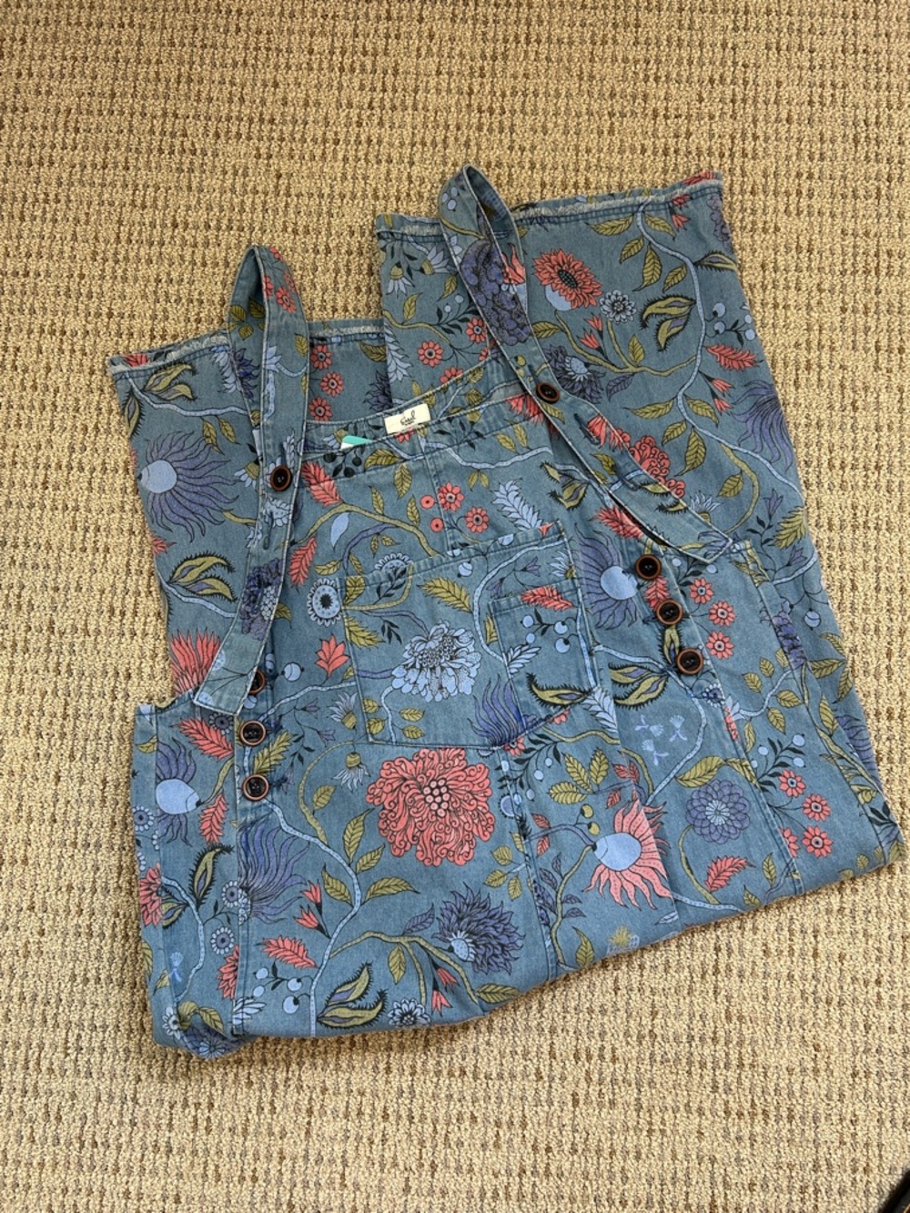 NEW Easel Oversized Floral Print Denim Overall Jumpsuit Washed Denim Size Large - Picture 4 of 11